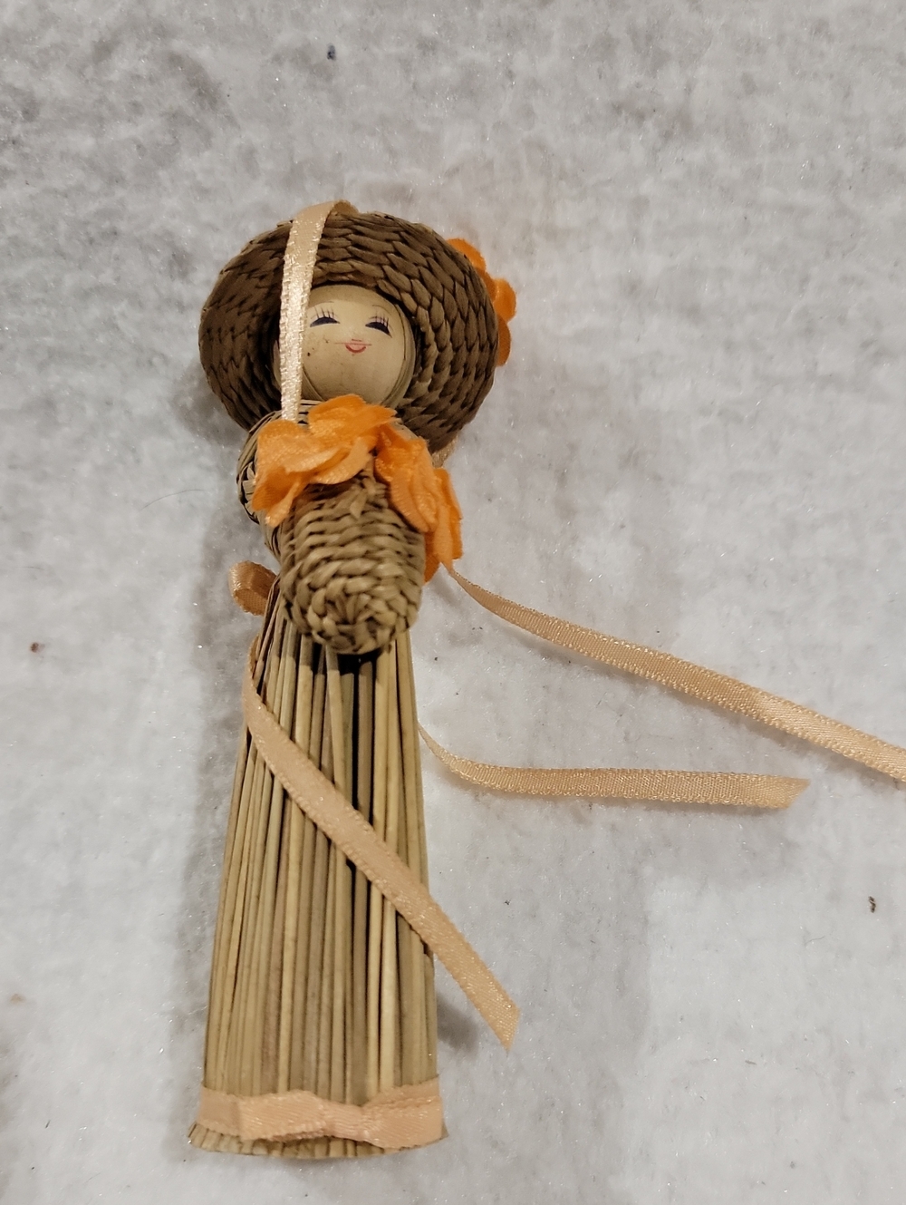 Handmade Korean Straw Doll with Orange Flowers And Ribbon Accents